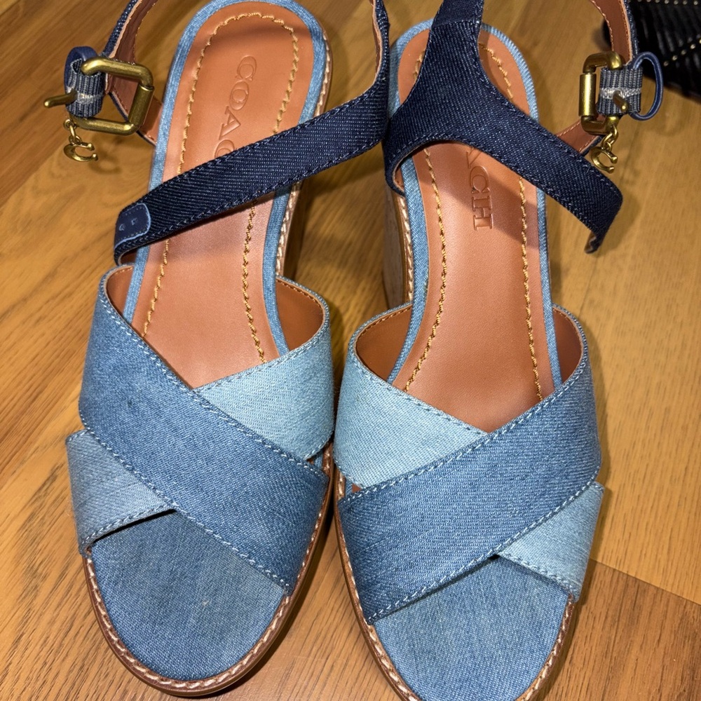 Coach Two-Tone Denim Wedge Sandals - Light & Dark Blue - Picture 7 of 7